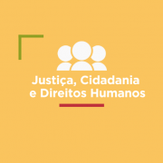 Card de divulgação Secretaria de Justiça, Cidadania e Direitos Humanos na cor amarela.