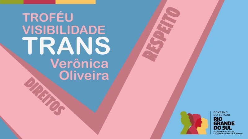 Carde de divulgação do evento. Arte possui a cor azul com u V na cor rosa. Com o seguinte texto: "Troféu Visibilidade Trans - Verônica Oliveira | Direitos | Respeito". 