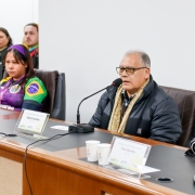 Homem branco sentado de casaco preto e cachecol amarelo, falando ao microfone